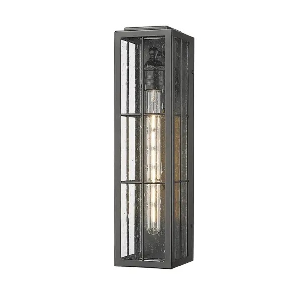 This outdoor wall sconce features a powder coated black finish designed for weather resistance and contemporary appeal. Ideal for illuminating exterior entryways, patios, and porches with modern style.