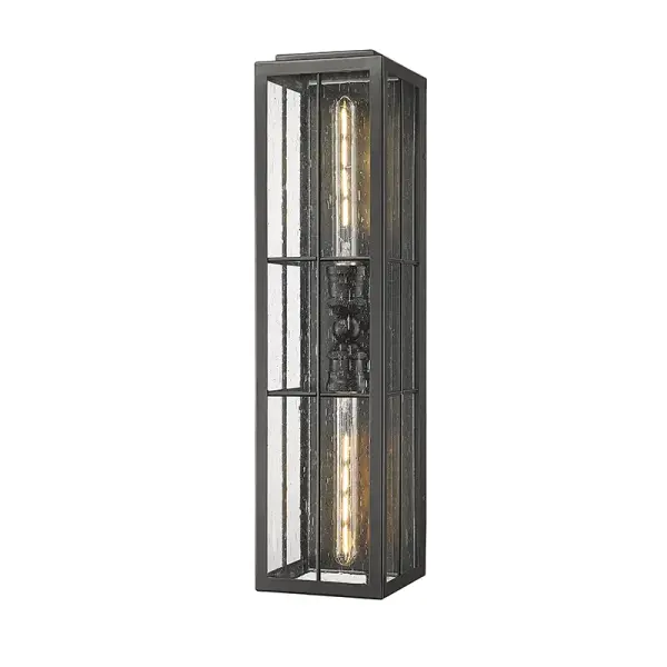 This outdoor wall sconce features a powder coated black finish designed for durability and weather resistance. Its contemporary styling complements modern exteriors while providing reliable outdoor illumination.