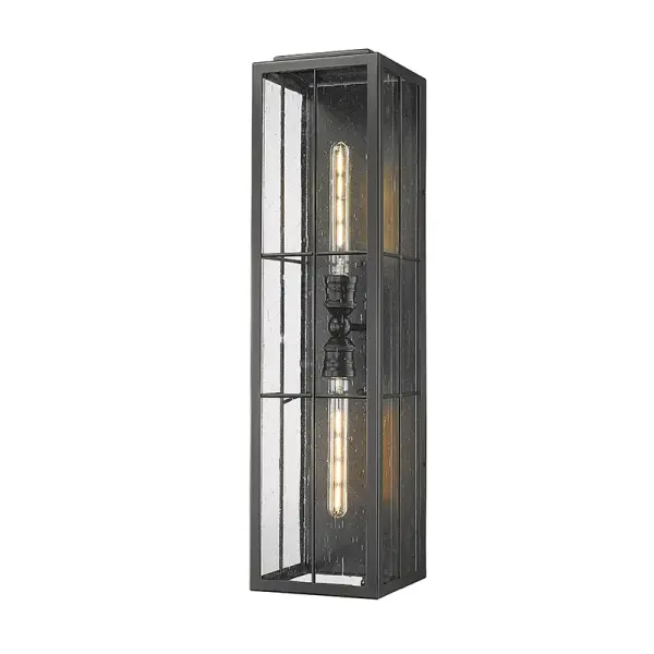 This outdoor wall sconce features a powder coated black finish designed for weather resistance and contemporary appeal. Ideal for illuminating exterior entryways, patios, and porches with modern style.