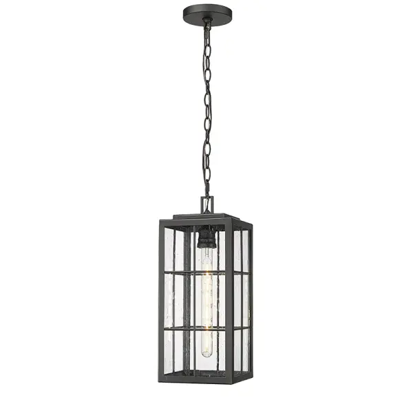 This outdoor wall sconce features a powder coated black finish designed for weather resistance and contemporary appeal. Ideal for illuminating exterior entryways, patios, and porches with modern style.
