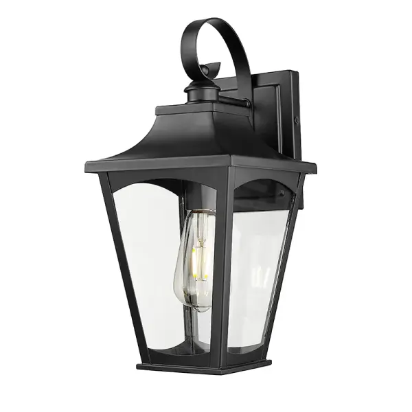 This outdoor wall sconce features a powder coated black finish designed for durability and weather resistance. Its contemporary styling complements modern exteriors while providing reliable outdoor illumination.