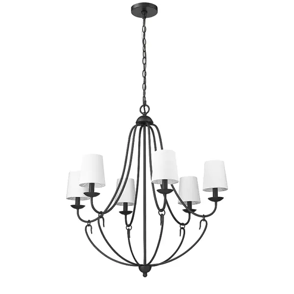 A contemporary chandelier featuring a sophisticated matte black finish that complements modern and transitional interiors. The optional white linen shade adds warmth and diffused lighting for various settings.