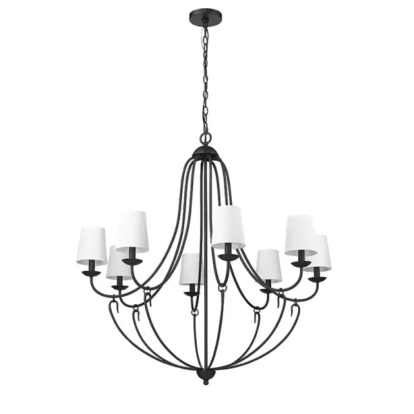 A contemporary chandelier featuring a sophisticated matte black finish that complements modern and transitional interiors. The optional white linen shade adds warmth and diffused lighting for enhanced ambiance.
