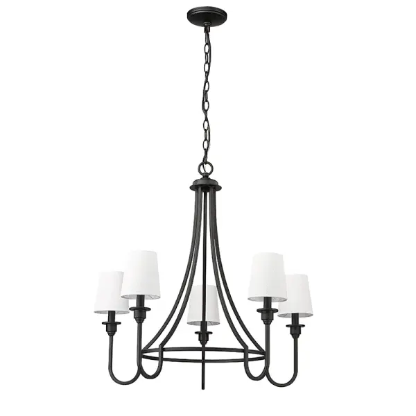 The 12205 chandelier offers contemporary styling in a sophisticated matte black finish. Its design accommodates optional white linen shades for added versatility, making it adaptable to various interior aesthetics.