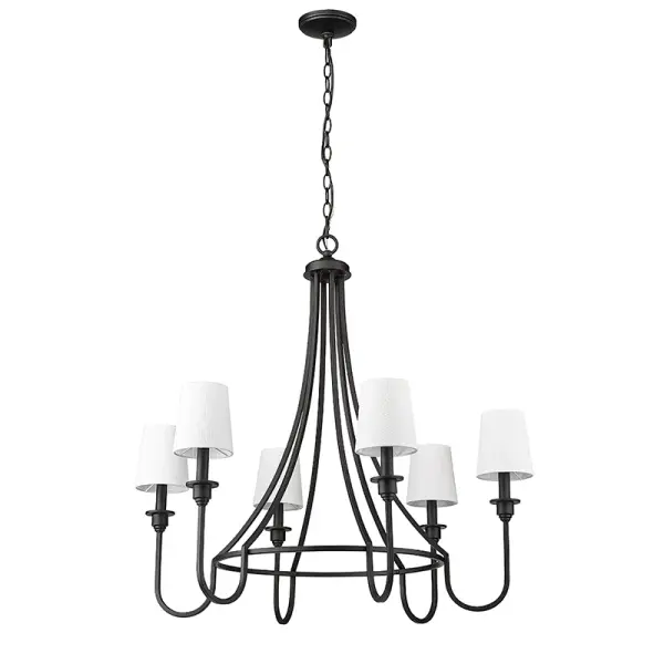 A contemporary chandelier in sophisticated matte black finish that offers design flexibility with an optional white linen shade. Clean lines and neutral palette make it adaptable to various interior styles.