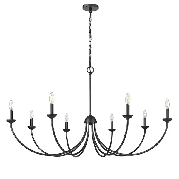 This contemporary chandelier in matte black finish offers a bold, sophisticated look that complements modern and industrial interiors. Its neutral black tone provides design flexibility across various room settings.
