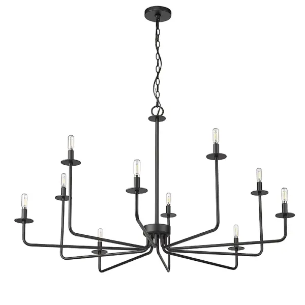 The 12510 chandelier in matte black finish delivers contemporary sophistication with industrial undertones. Its neutral black finish makes it adaptable to various interior styles while maintaining a bold presence.