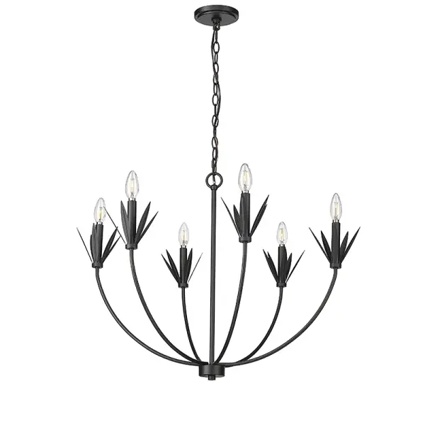 The 12706 chandelier in matte black finish delivers contemporary sophistication with industrial undertones. Its neutral black finish makes it adaptable to various interior styles while maintaining a bold presence.