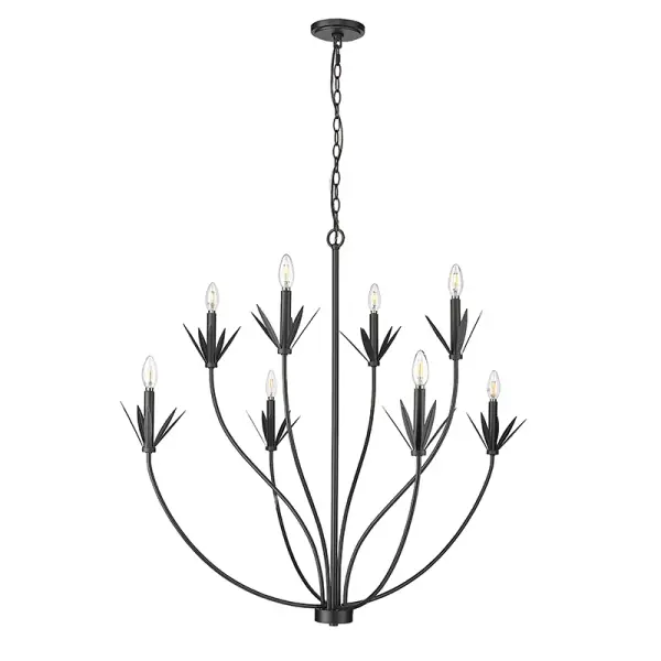 The 12708 chandelier in matte black finish offers contemporary styling that complements a wide range of interior designs. Its neutral black finish makes it adaptable to both residential and commercial settings.