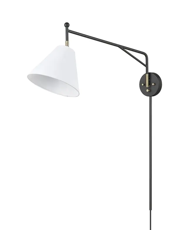 A functional wall sconce featuring 2-in-1 installation flexibility as plug-in or hardwired. The articulating arm swings 120° horizontally and pivots 90° vertically, offering exceptional directional control for reading or task lighting.