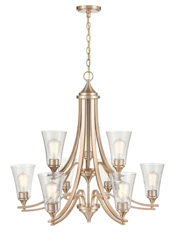 This contemporary chandelier features a sophisticated modern gold finish that adds warmth and luxury to any space. Perfect for dining rooms and entryways, it combines timeless elegance with modern design sensibility.