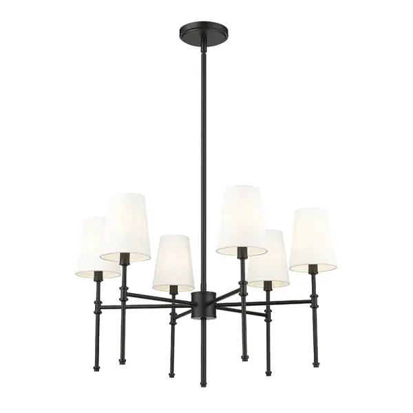 This sophisticated chandelier features a white linen fabric shade paired with a contemporary matte black finish, creating a perfect balance of softness and modern edge for versatile interior spaces.