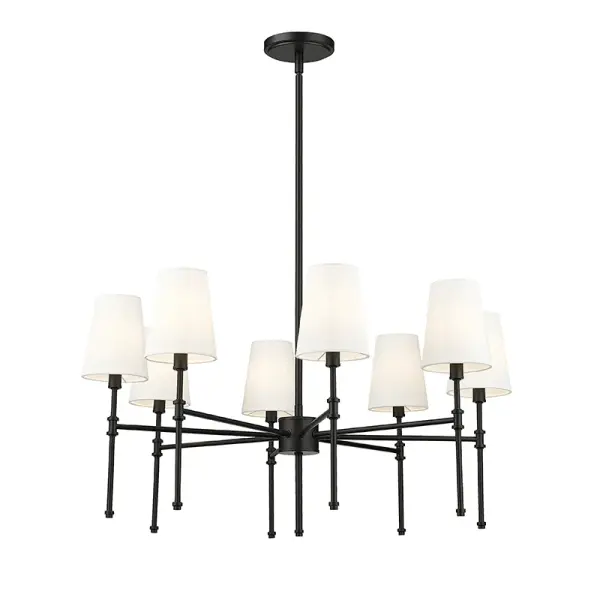 This sophisticated chandelier features a white linen fabric shade paired with a matte black finish, creating a perfect blend of softness and contemporary edge for versatile interior spaces.