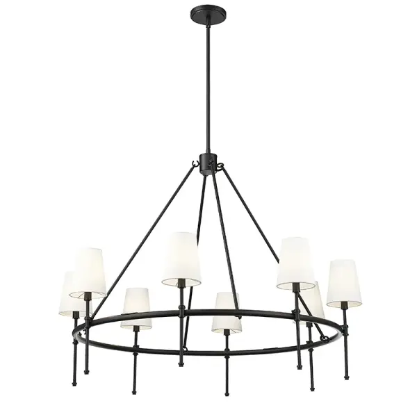 This sophisticated chandelier combines the warmth of white linen fabric shades with sleek matte black hardware, creating a versatile fixture that bridges traditional and contemporary design aesthetics.