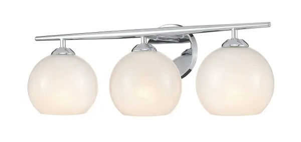 With its contemporary character, the Kimorra brightens bathrooms with style and ease. The two-shade vanity fixture pairs a minimalistic brushed Chrome frame with blown glass globes, ribboned with cloud‑like swirls. Its damp‑rated steel construction ensures lasting performance, while the 24‑inch width makes the Kimorra ideal for half or full baths. Collection: Kimorra Finish: Chrome Glass: White Cloud Width: 24.00" Height: 8.00" Weight: 5.32 lb Extension from Wall: 8.25" Wire: 6" Canopy: 5.125" Number of Bulbs: 3 Maximum Wattage: 60.00 W Bulb Type: A19 Bulb Base: E26 Medium Light Source: Incandescent Dimmable Voltage: 120.00 V Material: Steel,Glass Country of Origin: Vietnam Safety Listing: ETL Safety Rating: Damp Connection: Hardwired Manufacturer Warranty: 1 year-limited manufacturer's warranty. Spec Sheet Instructions