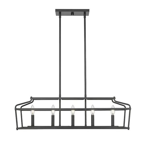 This contemporary linear chandelier in matte black finish delivers bold, architectural style ideal for elongated spaces. Its clean lines and versatile design complement modern and industrial interiors alike.