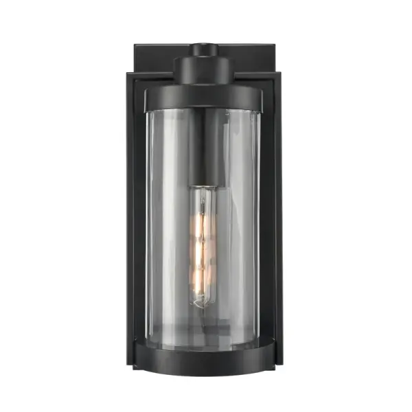 This outdoor light fixture features a powder coated black finish designed for weather resistance and contemporary appeal. Ideal for exterior applications requiring durable, low-maintenance lighting.