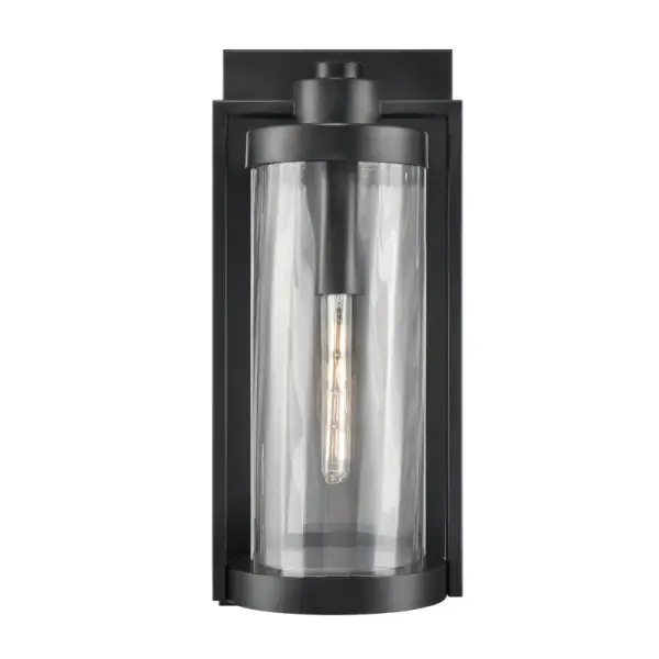 This outdoor wall sconce features a powder coated black finish designed for durability and weather resistance. Its contemporary styling complements modern exteriors while providing reliable outdoor illumination.