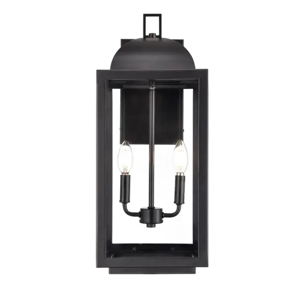 This outdoor wall sconce features a powder coated black finish designed for durability and weather resistance. Its contemporary styling complements modern exteriors while providing reliable outdoor illumination.