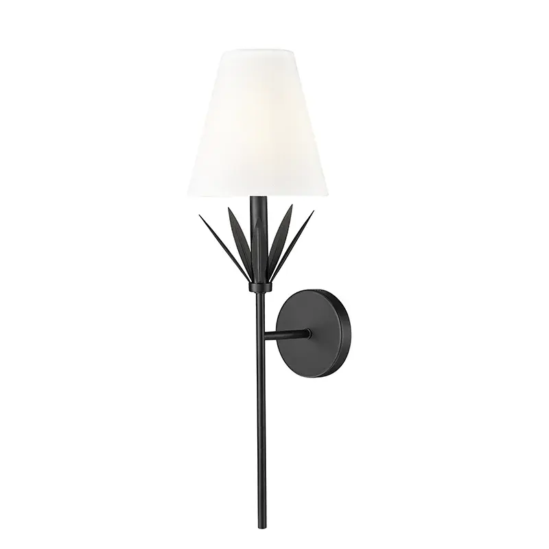 White Linen Fabric Sconce in Matte Black
