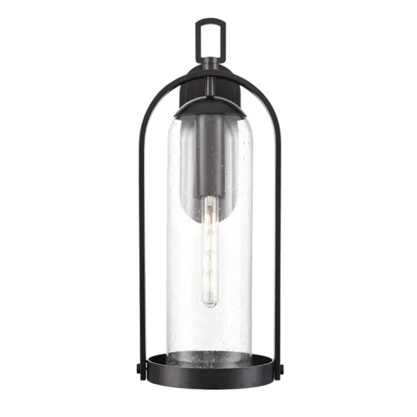 This outdoor light fixture features a powder coated black finish designed for durability and weather resistance. The versatile black finish complements various architectural styles from contemporary to industrial.