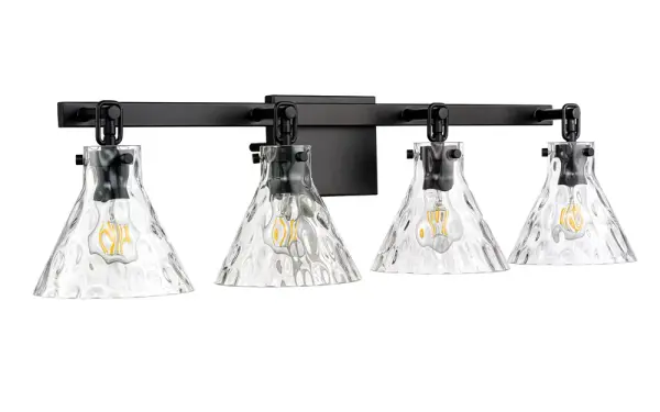 The Barlon vanity sconce combines artfully flared crystal clear water glass with a classic hook-style lantern design. Its matte black finish and modern farmhouse aesthetic make it ideal for bathrooms, entryways, and hallways seeking design distinction.