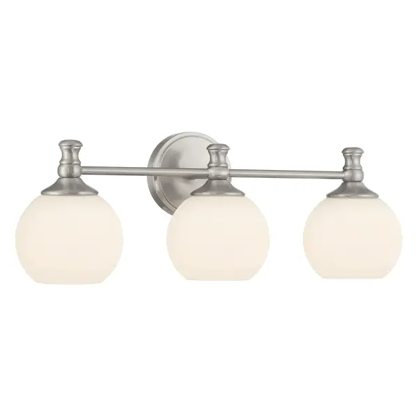The Orlisse vanity bar beautifully bridges traditional and contemporary design with its etched opal globes and antique-style finials. The brushed nickel finish adds sophisticated versatility to any bathroom.