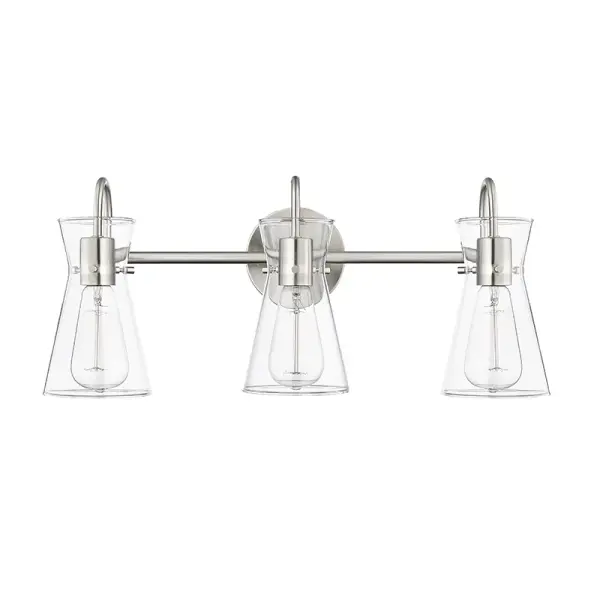 The 21003 vanity light offers a clean, transitional design in brushed nickel finish that complements a wide range of bathroom styles. Its wall-mounted configuration provides functional task lighting for grooming areas.