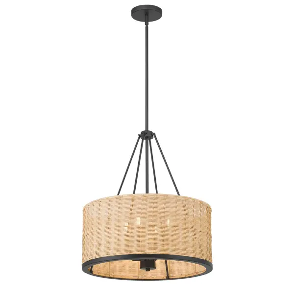 The Namiro pendant beautifully combines natural wicker texture with a sleek matte black geometric frame, creating a sophisticated coastal aesthetic that works equally well in beach houses and modern transitional spaces.