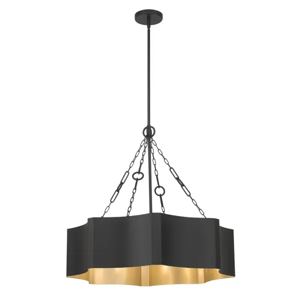 The Ottavio pendant makes a bold statement with its fluted drum shade and decorative chainwork. The matte black exterior paired with vintage brass interior creates stunning contrast and warm illumination for both neoclassic and ultra-modern spaces.