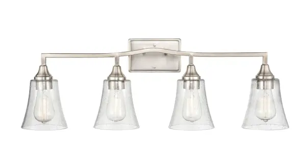 The 2104 vanity light offers timeless transitional styling with a versatile brushed nickel finish. Perfect for bathroom vanities, this fixture provides functional task lighting with understated elegance.