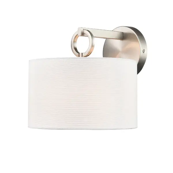 This transitional wall sconce features a white linen shade that provides warm, ambient lighting. The brushed nickel finish offers versatility to complement various décor styles from traditional to contemporary.