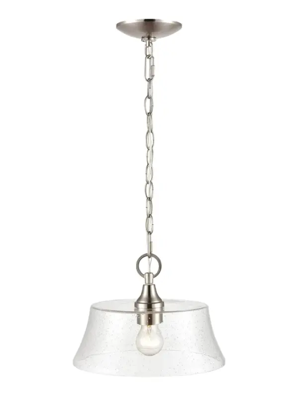 The 2111 pendant in brushed nickel offers a clean, contemporary aesthetic that complements a variety of interior styles. Its neutral metallic finish makes it adaptable to both residential and light commercial settings.