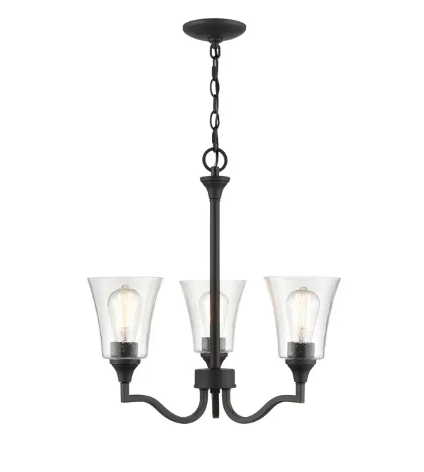 The 2113 chandelier in matte black finish offers contemporary styling that works across residential and commercial settings. Its neutral black finish provides design flexibility and pairs well with various decor styles.