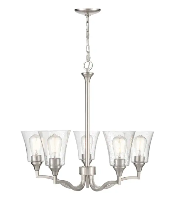 The 2115 chandelier in brushed nickel offers a clean, transitional aesthetic that complements both contemporary and traditional interiors. Its neutral metallic finish provides versatility across various design schemes.