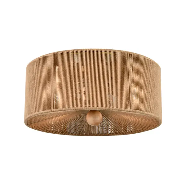 This flush mount combines natural brown rope shade with brushed nickel hardware for a relaxed coastal aesthetic. Perfect for low-ceiling spaces needing organic warmth and texture without sacrificing headroom.