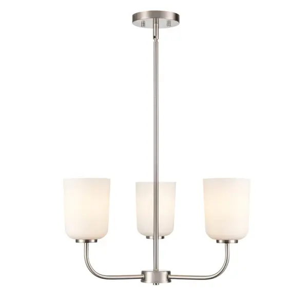 This brushed nickel chandelier offers timeless appeal with its neutral metallic finish that complements both contemporary and traditional interiors. The classic chandelier silhouette provides elegant overhead lighting.