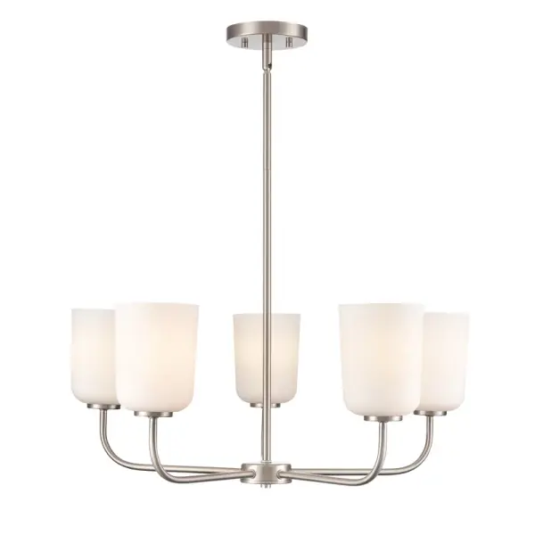 This brushed nickel chandelier offers timeless appeal with its neutral metallic finish that complements both contemporary and traditional interiors. The classic chandelier silhouette provides elegant overhead lighting.