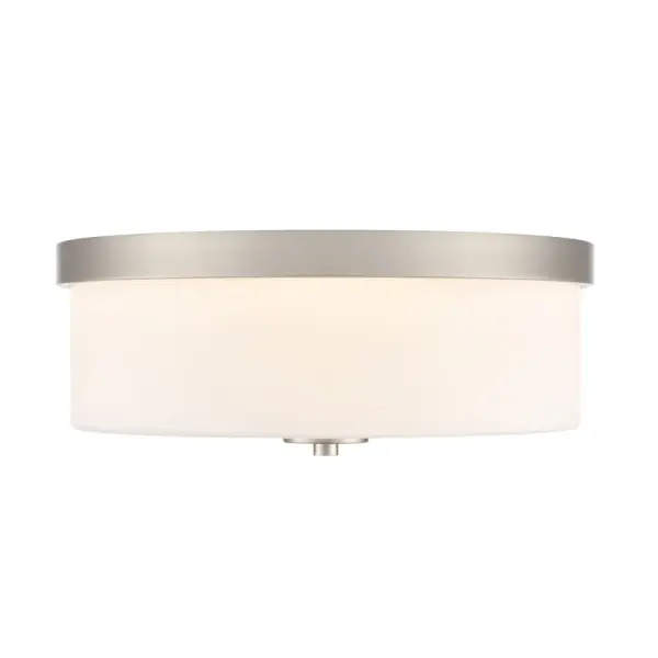 A clean, contemporary flush mount fixture in brushed nickel finish that provides practical ceiling lighting for spaces with standard or low ceilings. Ideal for bedrooms, hallways, and utility areas.