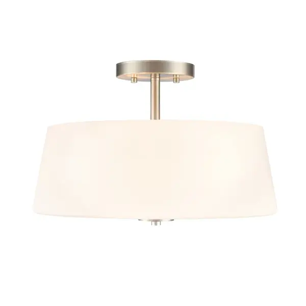 A practical semi-flush mount ceiling fixture in brushed nickel finish that provides ambient lighting for rooms with standard ceiling heights. Its transitional design works across multiple interior styles.