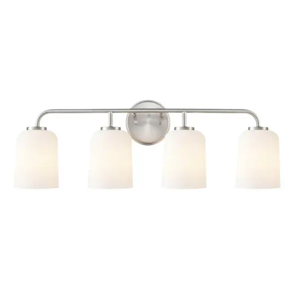 A versatile bath vanity light featuring a timeless brushed nickel finish that complements both traditional and contemporary bathroom designs. Ideal for providing functional task lighting at the mirror.