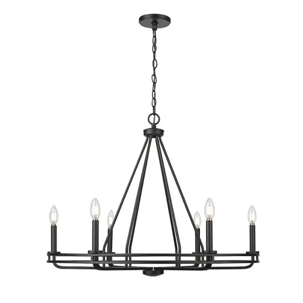 This contemporary chandelier in matte black finish offers a bold, sophisticated look that complements modern and industrial interiors. Its versatile design works well in both residential and commercial settings.