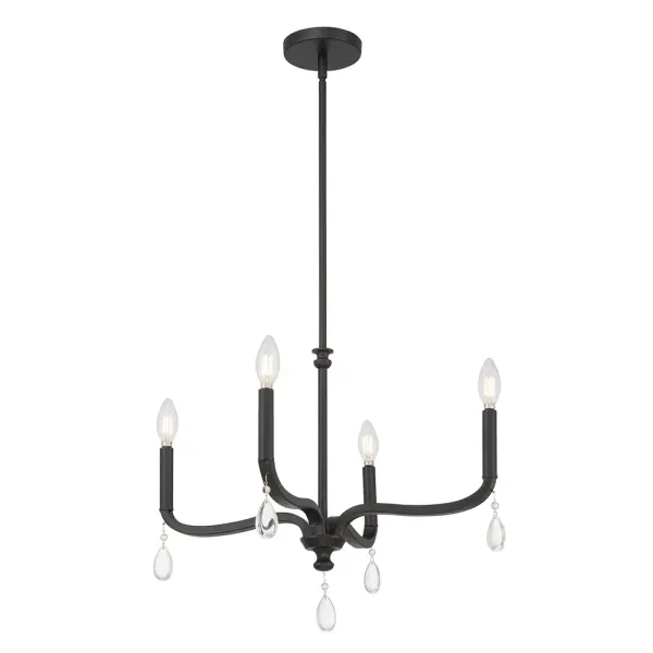 The Viremont chandelier combines understated elegance with sparkling sophistication. Curved arms adorned with glass teardrop pendants create a dazzling light display, while the matte black finish adds contemporary edge to traditional candle-style design.