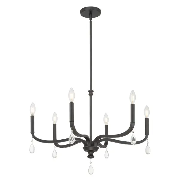 The Viremont chandelier masterfully blends old-world charm with modern simplicity through its candle-style design and sparkling glass teardrop pendants. The matte black finish provides sophisticated contrast while curved arms create graceful visual flow.