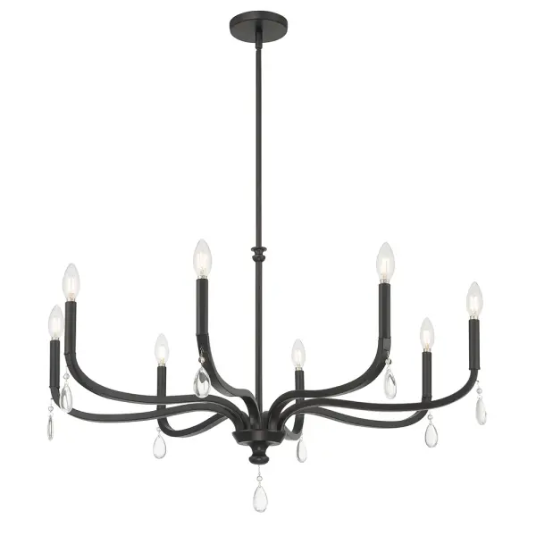 The Viremont chandelier delivers understated opulence through gently curved arms adorned with sparkling glass teardrop pendants. Its matte black finish and transitional design make it versatile for both traditional and contemporary spaces.