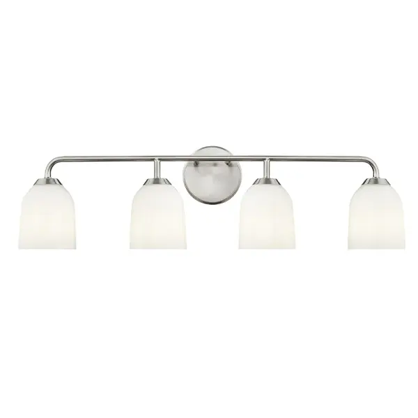A versatile bath vanity light featuring a timeless brushed nickel finish that complements both traditional and contemporary bathroom designs. Ideal for providing functional task lighting at the mirror.