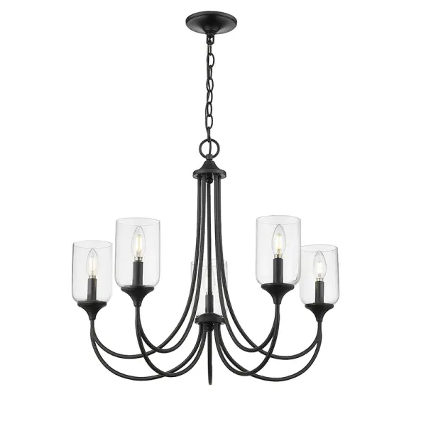 This contemporary chandelier in matte black finish offers timeless appeal and versatility. Perfect for dining rooms, foyers, and commercial spaces seeking a modern aesthetic with industrial undertones.