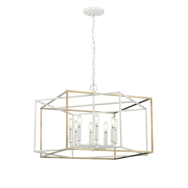 This traditional candle pendant features vintage brass finish with customizable white or gold candle sleeves, offering timeless elegance and versatile styling options for classic and transitional interiors.