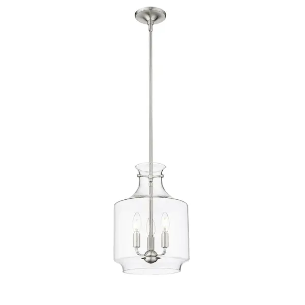 A contemporary pendant light featuring a brushed nickel finish that complements both residential and commercial interiors. Its neutral metallic tone pairs well with various design schemes.