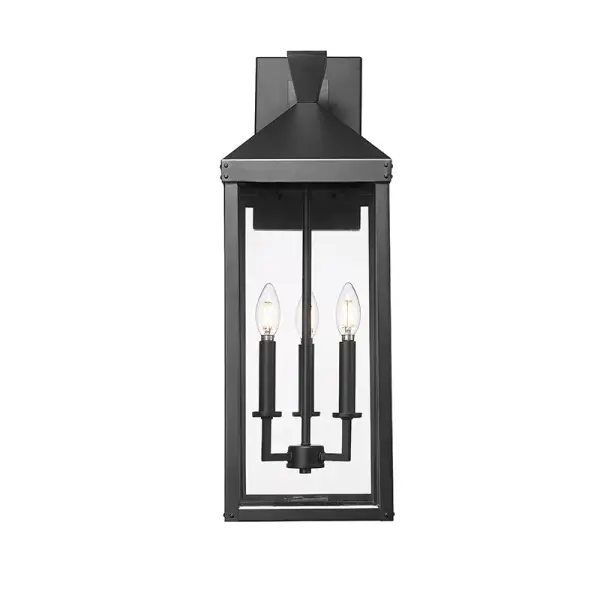This outdoor wall sconce features a powder coated black finish designed for weather resistance and contemporary appeal. Ideal for illuminating exterior spaces with modern style and durability.